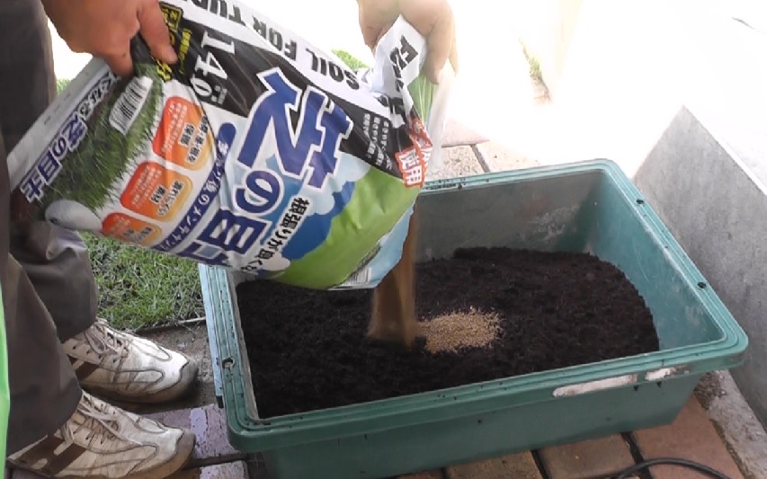 芝生に投入する発酵牛糞は細かい部分だけを目土と混ぜて使用