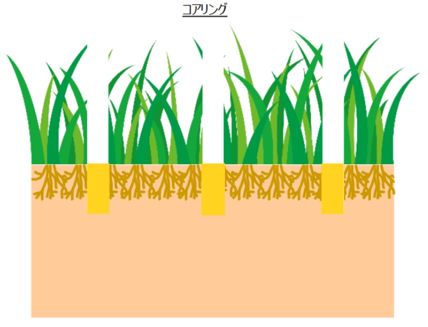 芝生にコアリングを実施して開けた穴に目土を入れた状態の芝生の断面イメージ図