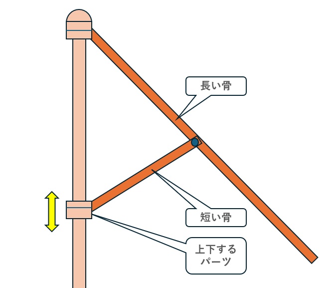 ガーデンパラソルの長い骨と短い骨の骨組み構造イメージ図